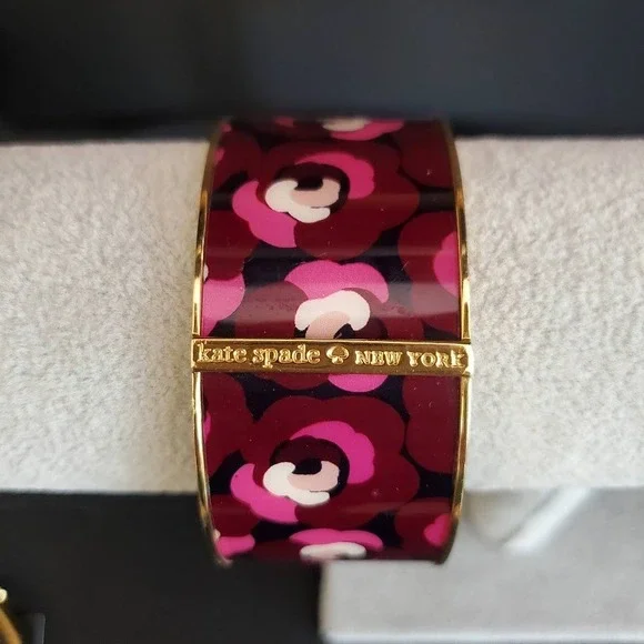 Kate Spade New York Floral Enamel Bangle Bracelet Burgundy Pink Gold Tone Wide - Picture 4 of 6